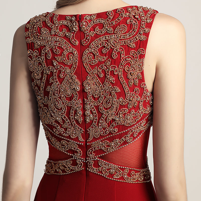Elegant Red Sleeveless Mermaid Gown with Embroidered Bodice Prom Dress,LX444