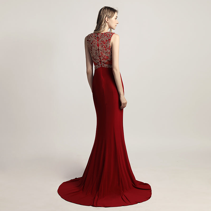 Elegant Red Sleeveless Mermaid Gown with Embroidered Bodice Prom Dress,LX444