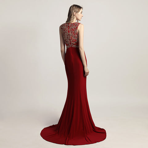Elegant Red Sleeveless Mermaid Gown with Embroidered Bodice Prom Dress,LX444
