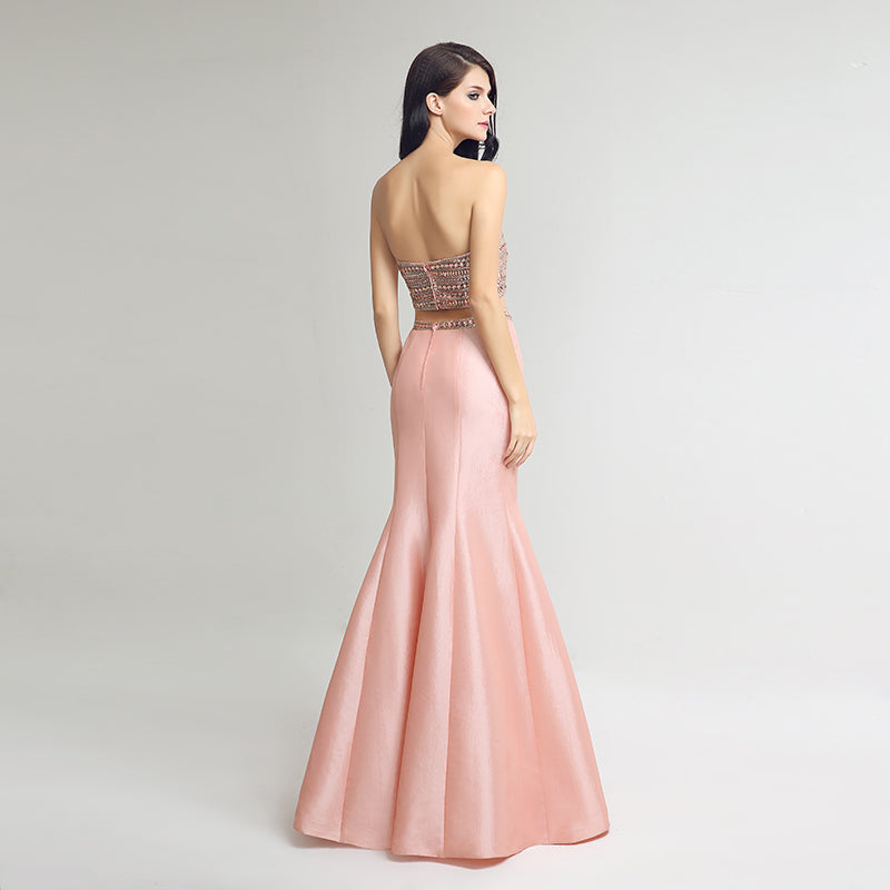 Chic Strapless Pink Mermaid Two - Piece Gown with Embellished Bodice Prom Dress,LX252