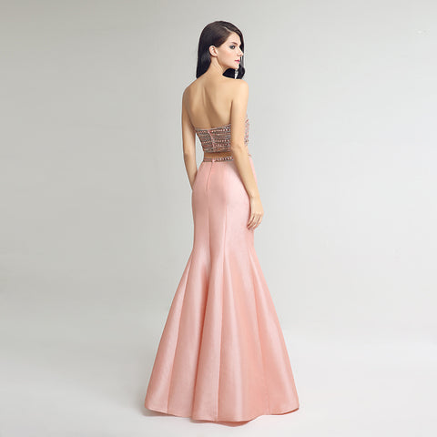 Chic Strapless Pink Mermaid Two - Piece Gown with Embellished Bodice Prom Dress,LX252