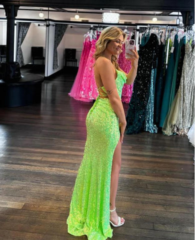 Sparkly Cowl Neck Green Sequins Long Mermaid Prom Dresses with Slit