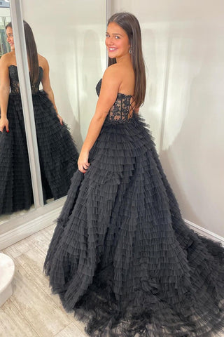 Black Strapless Ruffle Tiered Tulle Long Prom Dress with Appliques