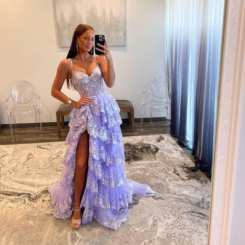 A-Line  Off-the-Shoulder Tiered Long Lace Prom Dress with Slit