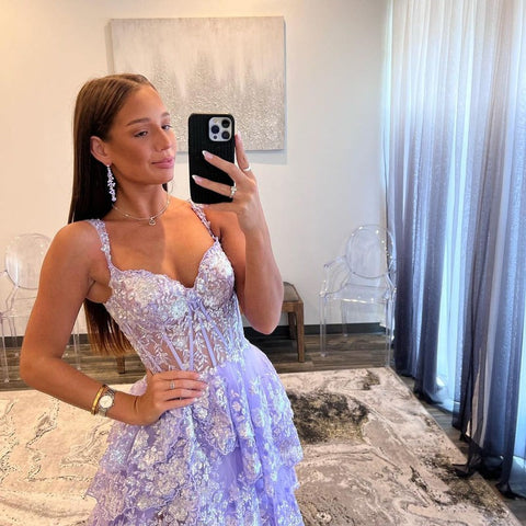 A-Line  Off-the-Shoulder Tiered Long Lace Prom Dress with Slit