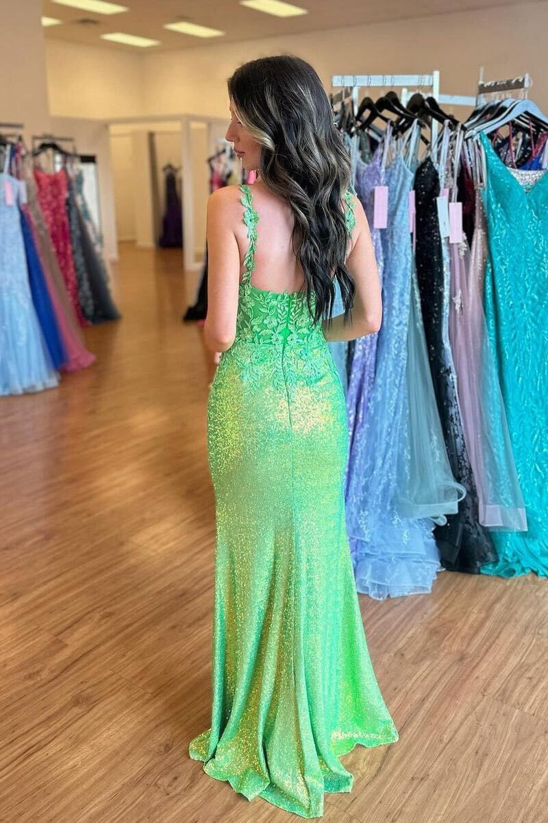 Cute V Neck Mermaid Green Sequin Mermaid Long Prom Dresses with Appliques