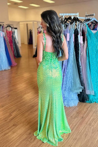Cute V Neck Mermaid Green Sequin Mermaid Long Prom Dresses with Appliques