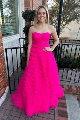 Strapless Tiered Tulle Long Hot Pink Prom Dresses