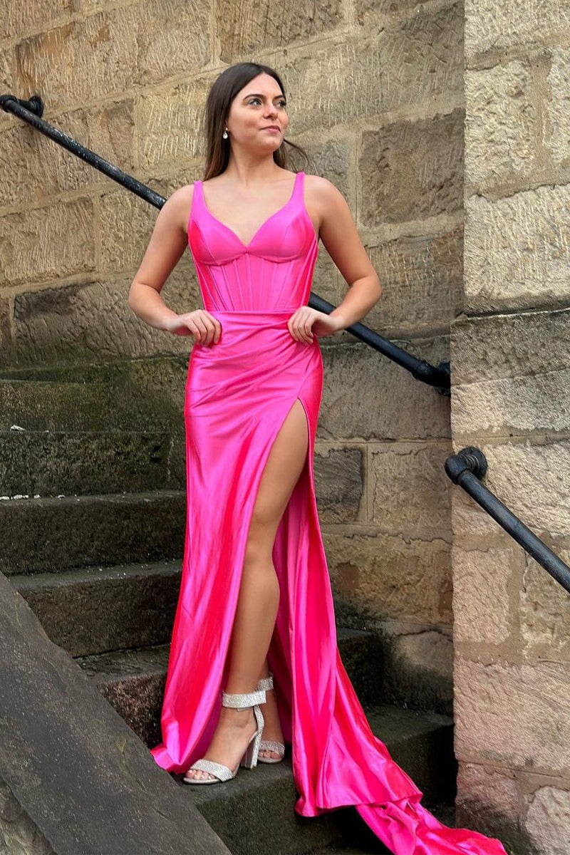 Fuchsia Mermaid V Neck Long Prom Dresses with Slit