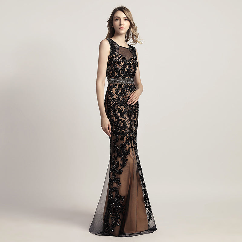 Glamorous Black Sleeveless Mermaid Gown with Sheer Mesh and Floral Beaded Embroidery Prom Dress,LX463