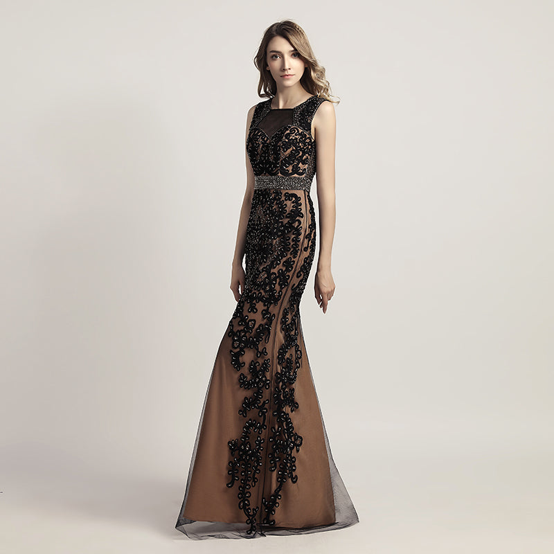 Glamorous Black Sleeveless Mermaid Gown with Sheer Mesh and Floral Beaded Embroidery Prom Dress,LX463