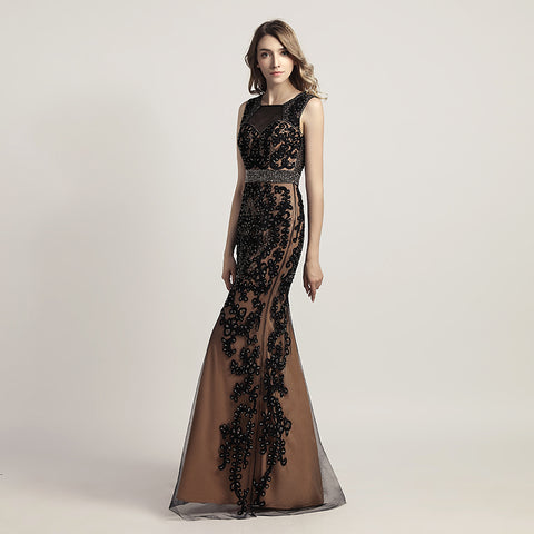 Glamorous Black Sleeveless Mermaid Gown with Sheer Mesh and Floral Beaded Embroidery Prom Dress,LX463