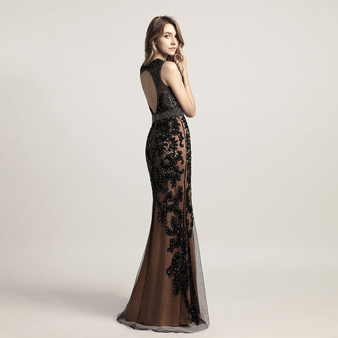 Glamorous Black Sleeveless Mermaid Gown with Sheer Mesh and Floral Beaded Embroidery Prom Dress,LX463