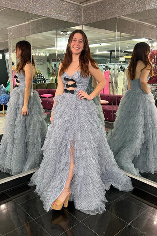 Unique Polka Dot Ruffle Tiered A-Line Long Prom Dresses with Bow