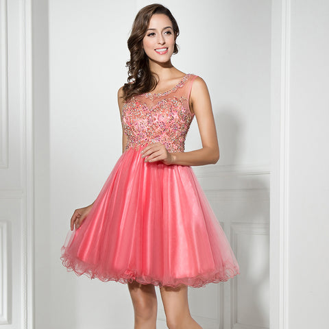 Glamorous Sleeveless Pink Tulle Dress with Embellished Bodice - Prom Dress, LX331