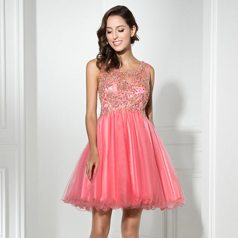 Glamorous Sleeveless Pink Tulle Dress with Embellished Bodice - Prom Dress, LX331