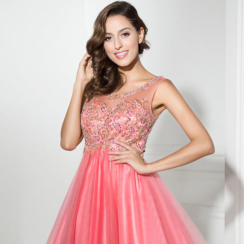 Glamorous Sleeveless Pink Tulle Dress with Embellished Bodice - Prom Dress, LX331