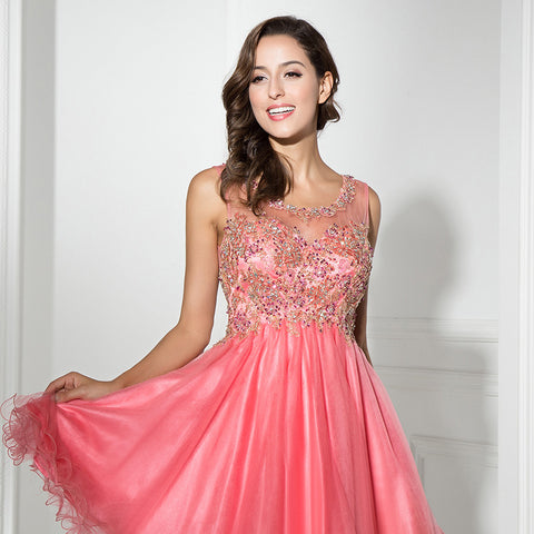 Glamorous Sleeveless Pink Tulle Dress with Embellished Bodice - Prom Dress, LX331
