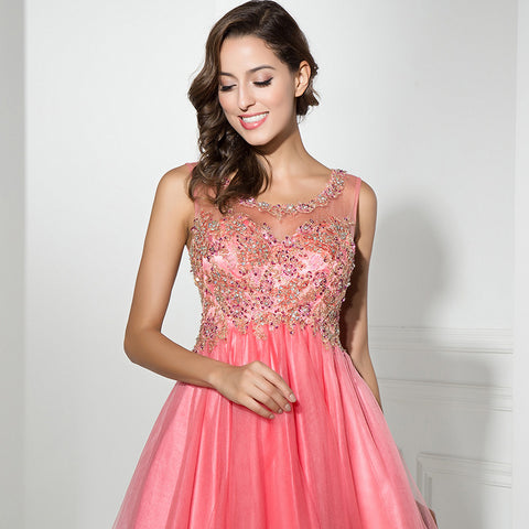 Glamorous Sleeveless Pink Tulle Dress with Embellished Bodice - Prom Dress, LX331