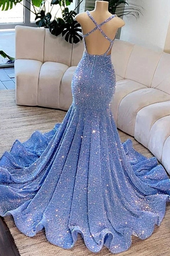 Sparkly Sequins V-Neck  Mermaid Prom Dress Sleeveless Party Gown