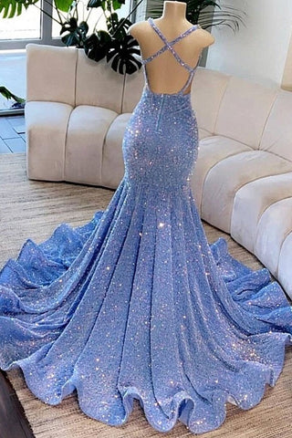Sparkly Sequins V-Neck  Mermaid Prom Dress Sleeveless Party Gown