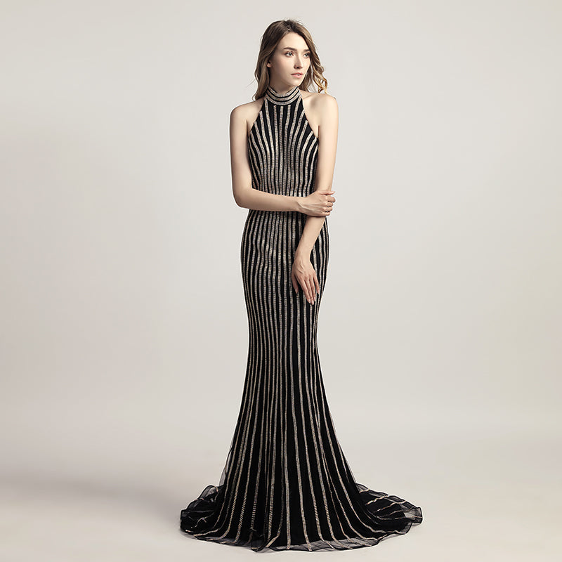 Glamorous Black and Gold Halter Mermaid Gown with Sparkling Rhinestone Stripes Prom Dress,LX481