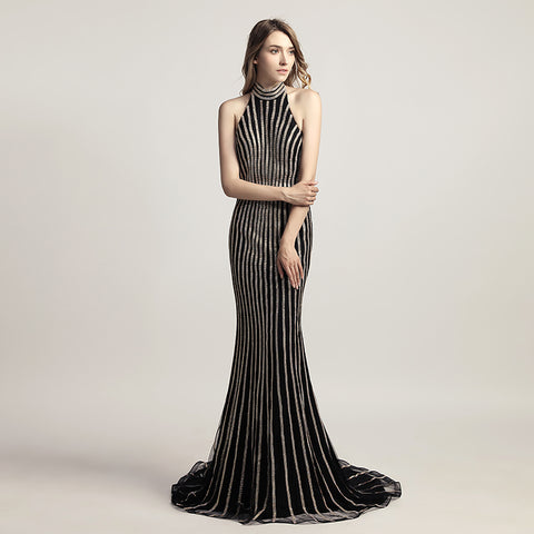Glamorous Black and Gold Halter Mermaid Gown with Sparkling Rhinestone Stripes Prom Dress,LX481