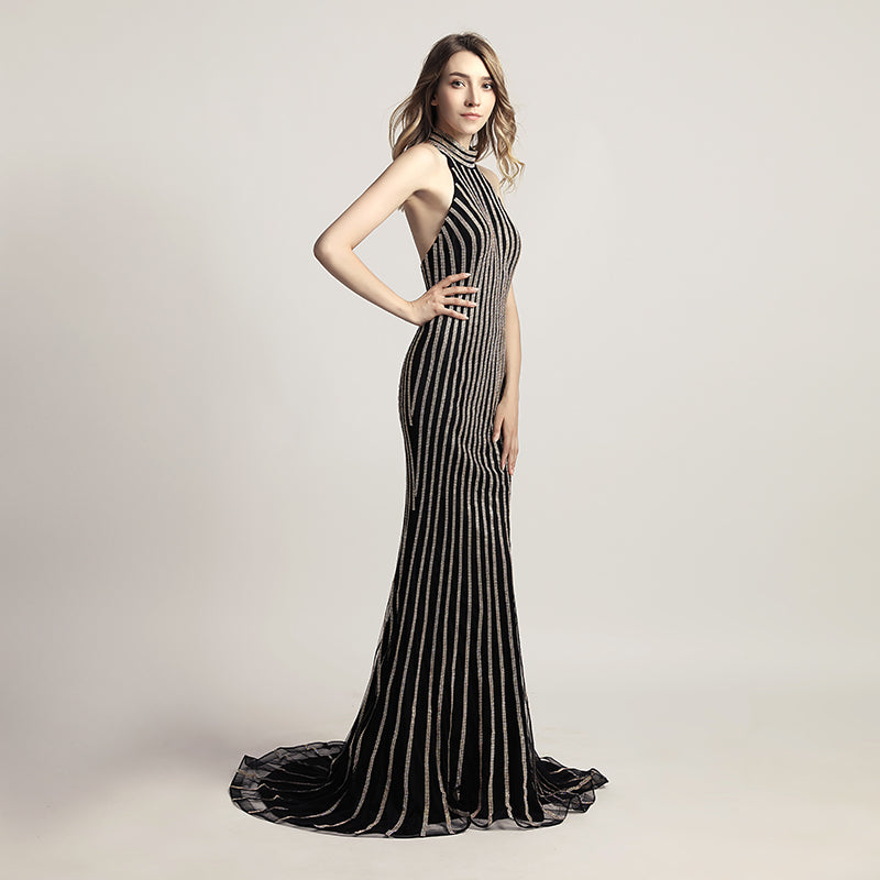 Glamorous Black and Gold Halter Mermaid Gown with Sparkling Rhinestone Stripes Prom Dress,LX481