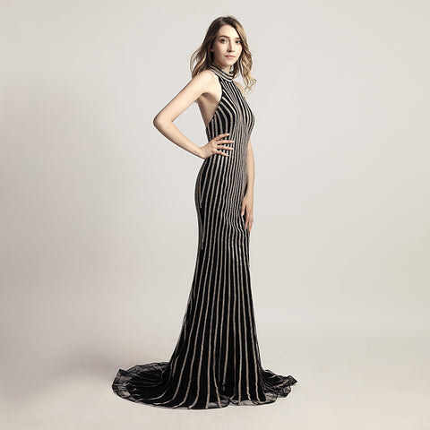 Glamorous Black and Gold Halter Mermaid Gown with Sparkling Rhinestone Stripes Prom Dress,LX481