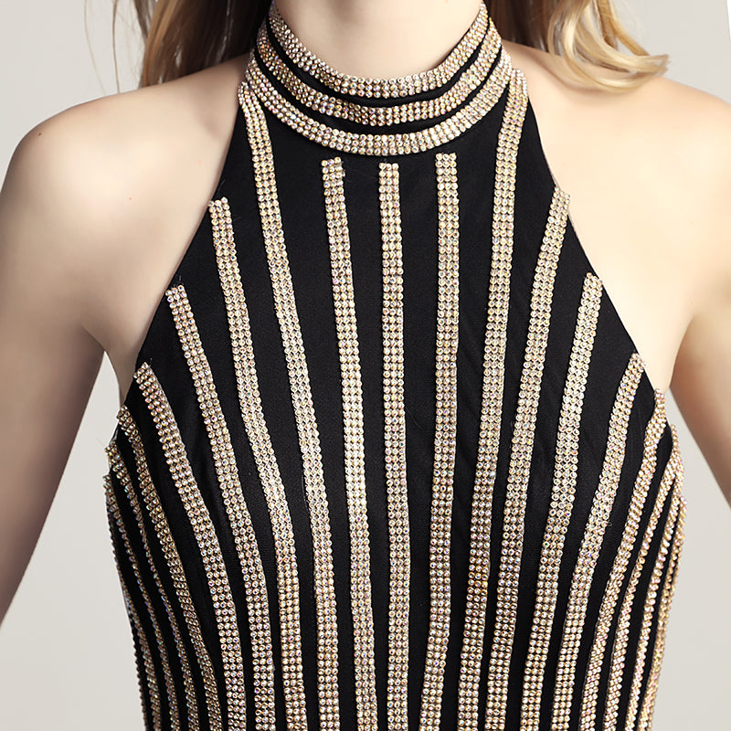 Glamorous Black and Gold Halter Mermaid Gown with Sparkling Rhinestone Stripes Prom Dress,LX481