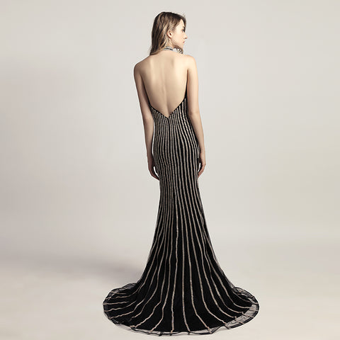 Glamorous Black and Gold Halter Mermaid Gown with Sparkling Rhinestone Stripes Prom Dress,LX481