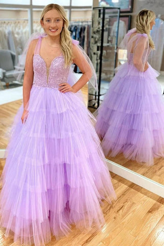 Princess Spaghetti Straps Lilac A Line Long Prom Dress with Appliques Ruffles