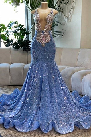 Sparkly Sequins V-Neck  Mermaid Prom Dress Sleeveless Party Gown