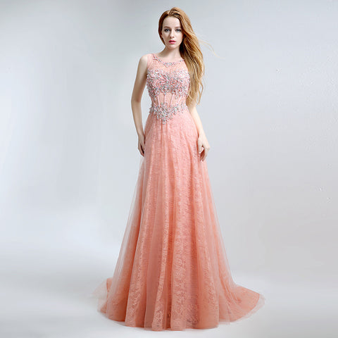 Glamorous Sleeveless Round - Neck Ombre Pink Evening Gown with Intricate Beaded Embroidery Prom Dress,LX158