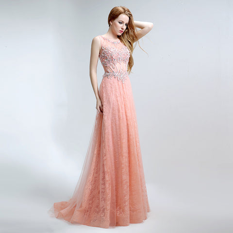 Glamorous Sleeveless Round - Neck Ombre Pink Evening Gown with Intricate Beaded Embroidery Prom Dress,LX158