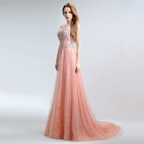 Glamorous Sleeveless Round - Neck Ombre Pink Evening Gown with Intricate Beaded Embroidery Prom Dress,LX158