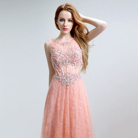 Glamorous Sleeveless Round - Neck Ombre Pink Evening Gown with Intricate Beaded Embroidery Prom Dress,LX158