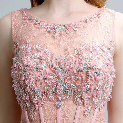 Glamorous Sleeveless Round - Neck Ombre Pink Evening Gown with Intricate Beaded Embroidery Prom Dress,LX158