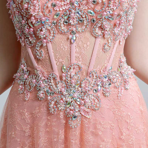 Glamorous Sleeveless Round - Neck Ombre Pink Evening Gown with Intricate Beaded Embroidery Prom Dress,LX158