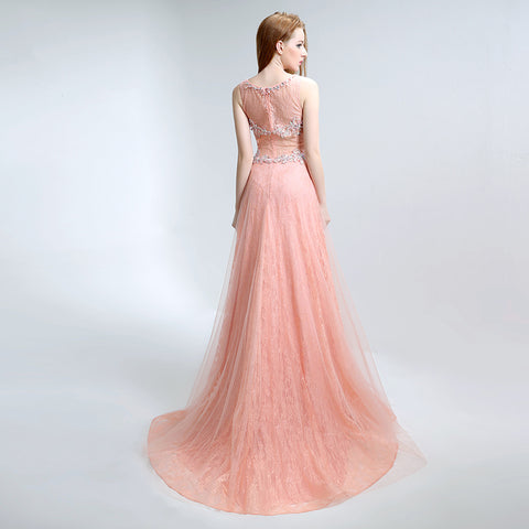 Glamorous Sleeveless Round - Neck Ombre Pink Evening Gown with Intricate Beaded Embroidery Prom Dress,LX158