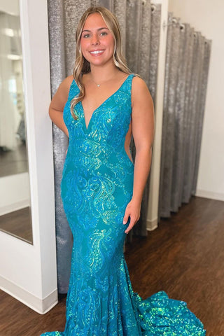 V Neck Mermaid Sequin Lace Long Prom Dresses