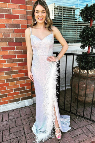 V-Neck Silver Sequin  Lace-Up Long Prom Dress with Feathers