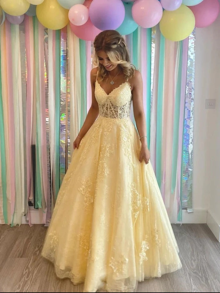 Yellow Aline tulle lace long prom dress yellow tulle long party dress