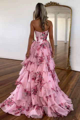 Sweet A Line Sweetheart Floral Printed Chiffon Tiered Prom Dresses
