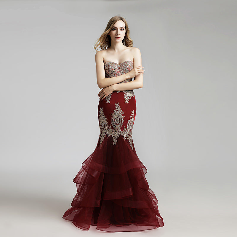 Exquisite Burgundy Strapless Mermaid Gown with Intricate Gold Embroidery and Ruffled Tulle Prom Dress,LX462