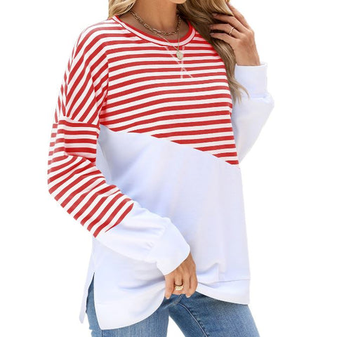 Autumn and winter new solid color round neck contrasting striped long sleeved sweatshirt jacket for women