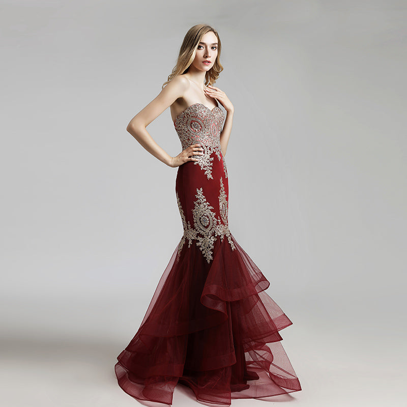 Exquisite Burgundy Strapless Mermaid Gown with Intricate Gold Embroidery and Ruffled Tulle Prom Dress,LX462