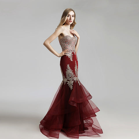 Exquisite Burgundy Strapless Mermaid Gown with Intricate Gold Embroidery and Ruffled Tulle Prom Dress,LX462