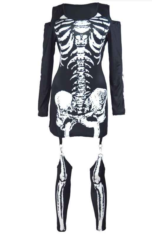 Makeup Ball Skeleton Skeleton Printed Sexy Off Shoulder Halloween Dark Performance Dress