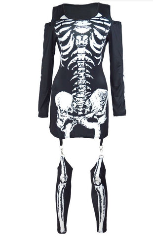 Makeup Ball Skeleton Skeleton Printed Sexy Off Shoulder Halloween Dark Performance Dress